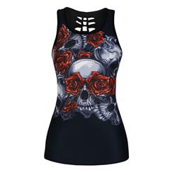 Fashion Gothic 3D Digital Skull Rose Printed Hollow Out Summer Vest N17205