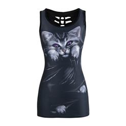 Fashion Gothic 3D Digital Black Cat Printed Hollow Out Summer Vest N17206