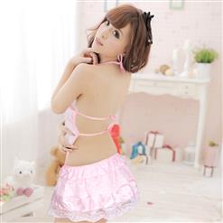 Pink Halter Backless Lace Princess Temptation Lingerie Sleepwear Dress N17223