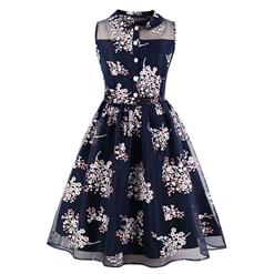 Vintage Sleeveless Lapel Floral Print Single-breasted Summer Day Dress N17237