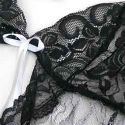Sexy Black Deep V Cut Out Floral Lace Bodysuit One-piece Lingerie Set N17259