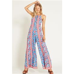 Fashion Blue Bohemia Style Floral Print Casual Holiday Beach Wide Legs?Jumpsuit N17273