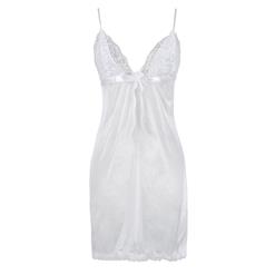 Charming White Satin Spaghetti Strap Open Back Babydoll Lingerie Sleepwear Dress N17352