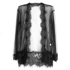 Fashion Black Long Sleeve Lace Trim Mesh Nightgown Sleepwear Robe with G-string N17354