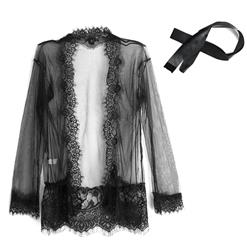 Fashion Black Long Sleeve Lace Trim Mesh Nightgown Sleepwear Robe with G-string N17354