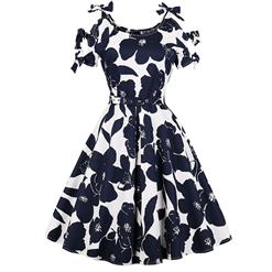 Fashion Vintage Round Neck Short Sleeve Tie up Floral Print Day Dress N17399