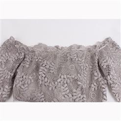 Vintage Elegant Gray Off-Shoulder Half Sleeve Lace A-Line Midi Party Dress N17416