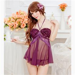Sexy Purple Halter Backless Ruching See-through Babydoll Nightwear Lingerie N17515
