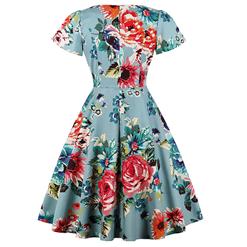Fashion Vintage V Neck Short Sleeve Flower Printed Casual Swing Dress N17600
