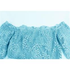Vintage Elegant Blue Off-Shoulder Half Sleeve Lace A-Line Midi Party Dress N17689
