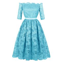 Vintage Elegant Blue Off-Shoulder Half Sleeve Lace A-Line Midi Party Dress N17689