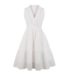 Vintage V Neck Sleeveless White Hollow Out Swing Summer Daily Dress N17690