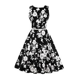 Vintage Sleeveless Round Neck Flower Printed Summer Midi Day Dress with Belt N17692