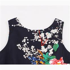 Vintage Sleeveless Round Neck Flower Printed Summer Midi Day Dress with Belt N17693