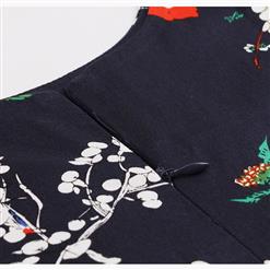 Vintage Sleeveless Round Neck Flower Printed Summer Midi Day Dress with Belt N17693