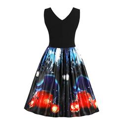 Fashion V Neck Sleeveless 3D Halloween Themed Print A-Line High Waist Dress N17747