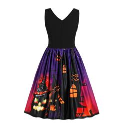 Fashion V Neck Sleeveless 3D Halloween Themed Print A-Line High Waist Dress N17749
