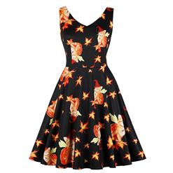 Fashion V Neck Sleeveless Halloween Themed Cat Print A-Line High Waist Dress N17751