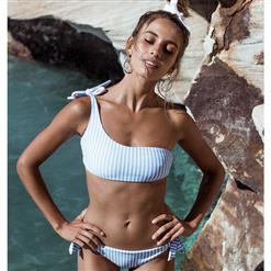 Sexy Blue One Shoulder Tie Up Stripe Beachwear Bikini Set N17949