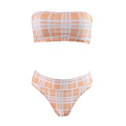 Strapless Bikini Set, Sexy Orange Plaid Bikini Set, Orange Beachwear Lingerie Set, Bikini Bra Top and Panty Set, Plaid Bikini Set for Women, Fashion Strapless Plaid Bikini Sets, #N17954