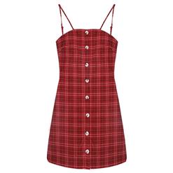 Fashion Red Plaid Print Button Back Cut Out Mini Dress N17969