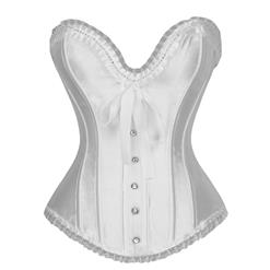 Sexy White Satin Strapless Retro Lace Trim Lace Up Overbust Corset N17985