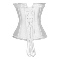Sexy White Satin Strapless Retro Lace Trim Lace Up Overbust Corset N17985