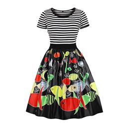 Fashion Round Neck Short Sleeves Colorful Fishes Printed High Waist Dress N18039