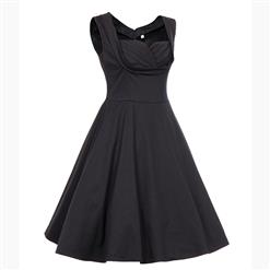 Vintage Women Black Pleated Sweetheart Neckline Sleeveless Midi A-Line Dress N18131