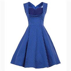 Vintage Blue Polka Dot Printed Pleated Sweetheart Neckline Midi Swing Dress N18133
