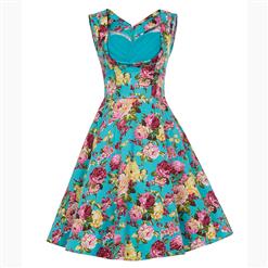 Vintage Blue Floral Printed Pleated Sweetheart Neckline Sleeveless Midi Swing Dress N18135