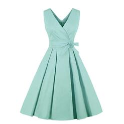 Green Elegant V-neckline Sleeveless Hight Waist Midi Dress N18211