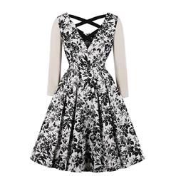 Vintage Black-white Floral Printed Long Sleeves High Waist Midi Dress N18215
