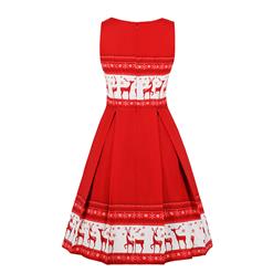 Red White Retro Round Neck Reindeer Snowflake Christmas Element Lace up Front Sleeveless High Waist Midi A-dress N18275
