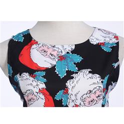Black Retro Round Neck Santa Claus Christmas Leaves Printed Sleeveless High Waist Swing Dress N18284