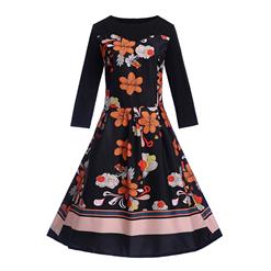 Fashion Round Neckline Vintage Flowers Print Long Sleeves High Waist Evening Dress N18287