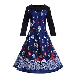 Vintage Round Neckline Flowers and Leaves Print Long Sleeves High Waist Evening Dress N18288