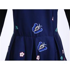 Vintage Round Neckline Butterflies and Flowers Print Long Sleeves High Waist Evening Dress N18289