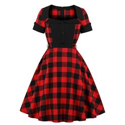 Vintage Red and Black Plaid Pattern Turn Down Collar Short Sleeves High Waist Midi Swing Dress with Belt N18342