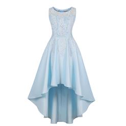 Elegant Light Blue Round Neck Sleeveless Floral Lace Splicing Asymmetrical Evening Party Dress N18345