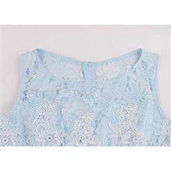 Elegant Light Blue Round Neck Sleeveless Floral Lace Splicing Asymmetrical Evening Party Dress N18345