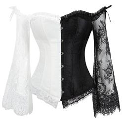 Victorian Gothic Black and White Plastic Boned Floral Lace Overbust Corset with Organza High Low Skirt Sets N18359