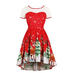 Vintage Dress for Women Red, Christmas Dresses for Women Cocktail Party, Casual Swing Dress, Short Sleeves High Waist Swing Dress, Christmas Reindeer Print Dress, Christmas Party Dress, #N18377