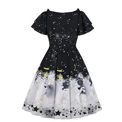 Fancy Unicorn and Stars Pattern Ruffle Short Sleeves High Waist Black Midi Dress N18443