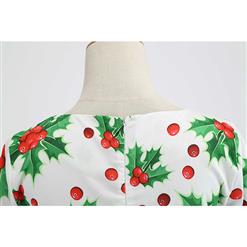 Fashion Christmas Holly Pattern Long Sleeves Round Neckline High Waist Christmas Midi Dress N18571