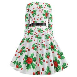 Fashion Christmas Holly Pattern Long Sleeves Round Neckline High Waist Christmas Midi Dress N18571