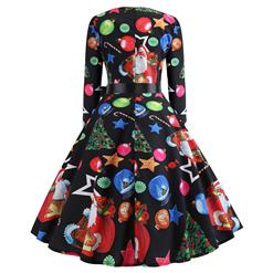 Fashion Colorful Christmas Style Print Long Sleeves Round Neckline High Waist Christmas Midi Dress N18572