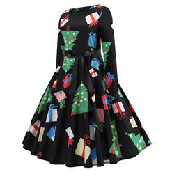 Fashion Christmas Tree and Gifts Long Sleeves Round Neckline High Waist Christmas Midi Dress N18573