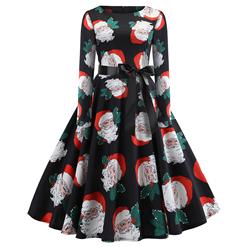 Fashion Santa Claus Pattern Long Sleeves Round Neckline High Waist Christmas Midi Dress N18574