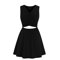 Sexy Pure Black Deep V Neckline Hollow Out Sleeveless High Waist Dress N18579